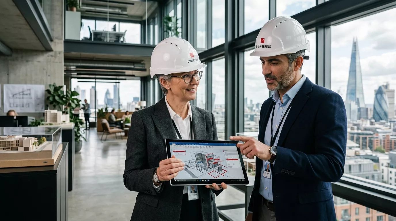 Engineers and leaders discussing connected construction on tablet