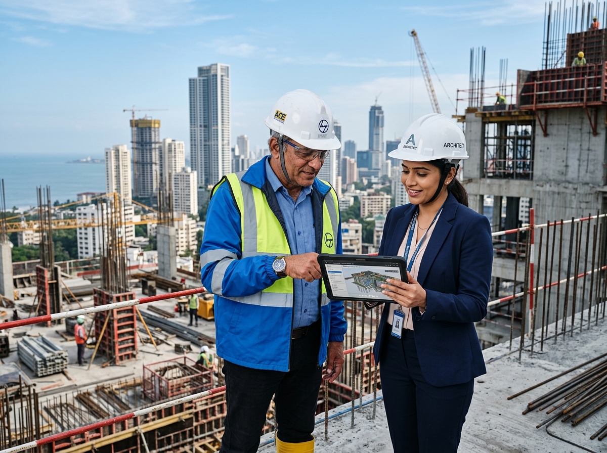 Indian civil engineers and architects discussing connected construction on tablet