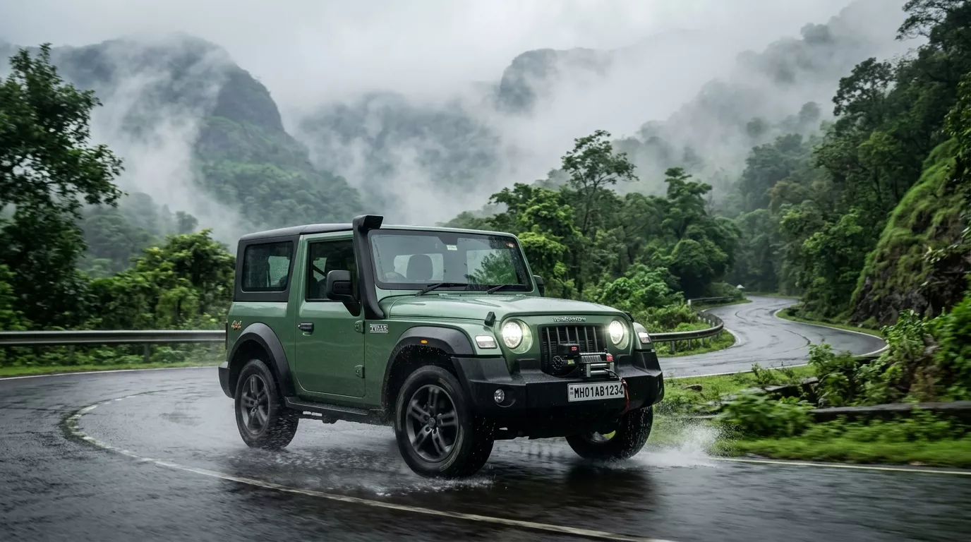 Mahindra Thar 4x4 SUV prominently driving on a misty winding mountain road in the Western Ghats, Igatpuri