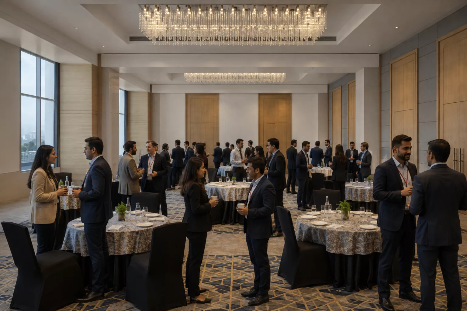 Executives networking on resort terrace